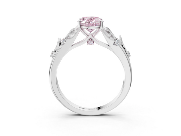 White gold Fancy Pink Oval Cut Diamond Solitaire Ring with Leaf Motif Band and Four-Prong Setting