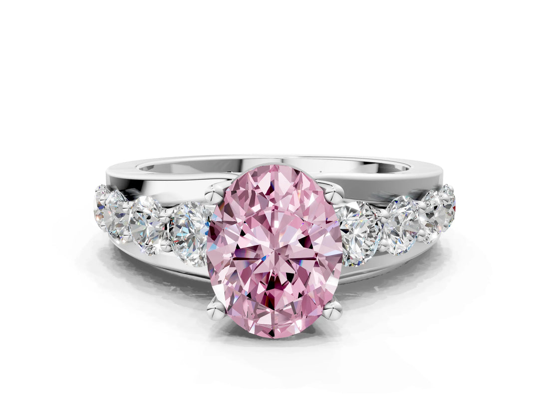 White gold Fancy Pink Oval  Brilliant Solitaire with Side Stones on a Pave Band and Four-Prong Setting_61