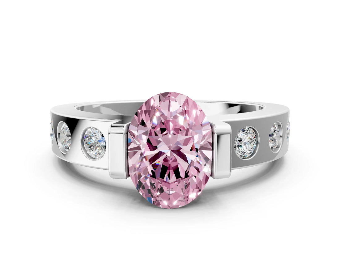 White gold Fancy Pink Oval Cut Brilliant Channel-Set Diamond Ring with Bezel Prong Setting