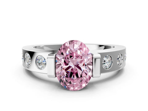 White gold Fancy Pink Oval Cut Brilliant Channel-Set Diamond Ring with Bezel Prong Setting