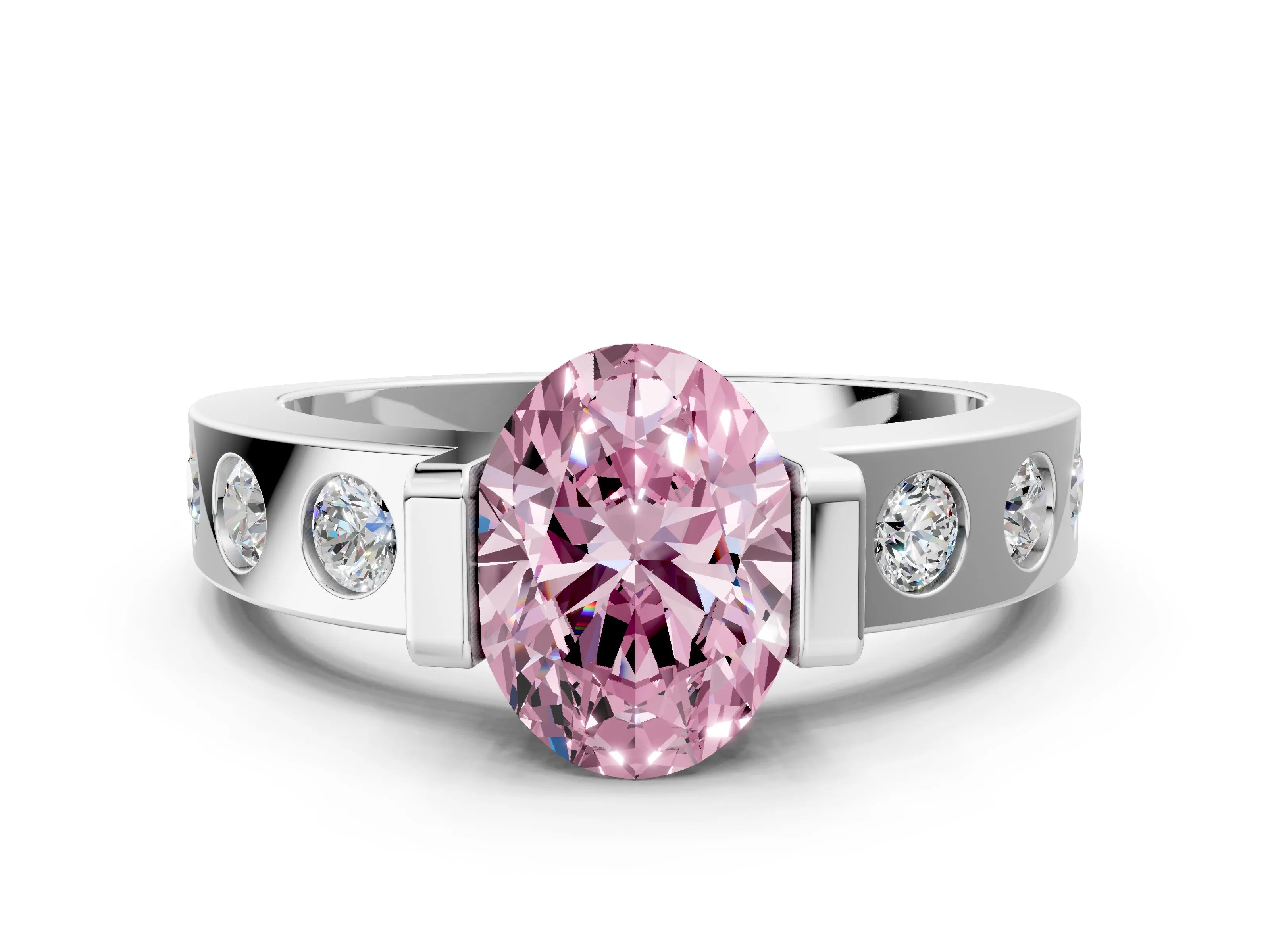 White gold Fancy Pink Oval Cut Brilliant Channel-Set Diamond Ring with Bezel Prong Setting