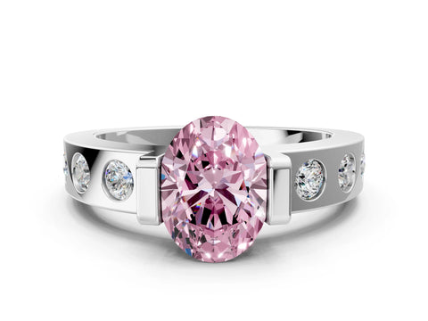 White gold Fancy Pink Oval Cut Brilliant Channel-Set Diamond Ring with Bezel Prong Setting
