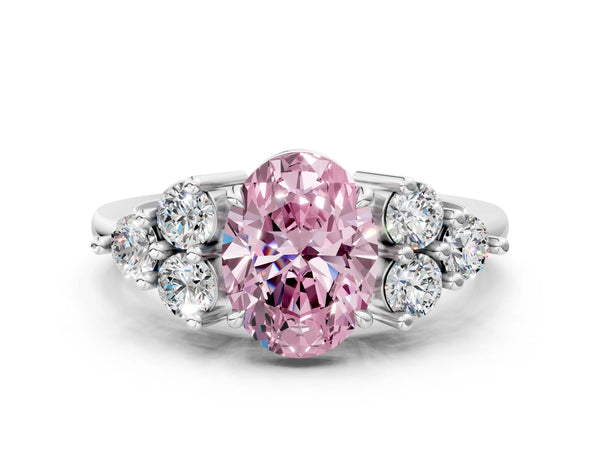 White gold Fancy Pink Oval Cut Brilliant Diamond Cluster Accent Solitaire Ring with Prong Setting