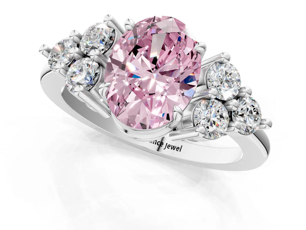 White gold Fancy Pink Oval Cut Brilliant Diamond Cluster Accent Solitaire Ring with Prong Setting