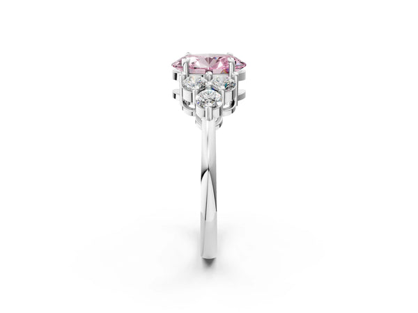 White gold Fancy Pink Oval Cut Brilliant Diamond Cluster Accent Solitaire Ring with Prong Setting