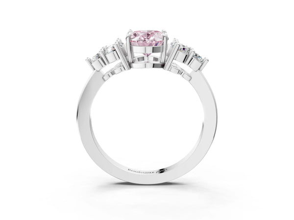 White gold Fancy Pink Oval Cut Brilliant Diamond Cluster Accent Solitaire Ring with Prong Setting