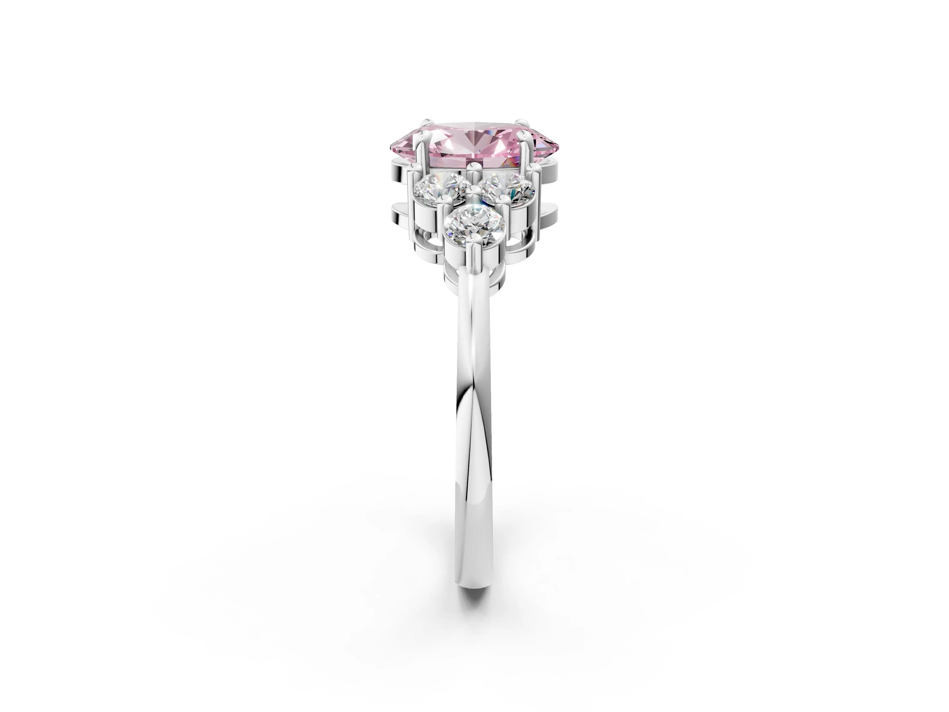White gold Fancy Pink Oval Cut Brilliant Diamond Cluster Accent Solitaire Ring with Prong Setting_2