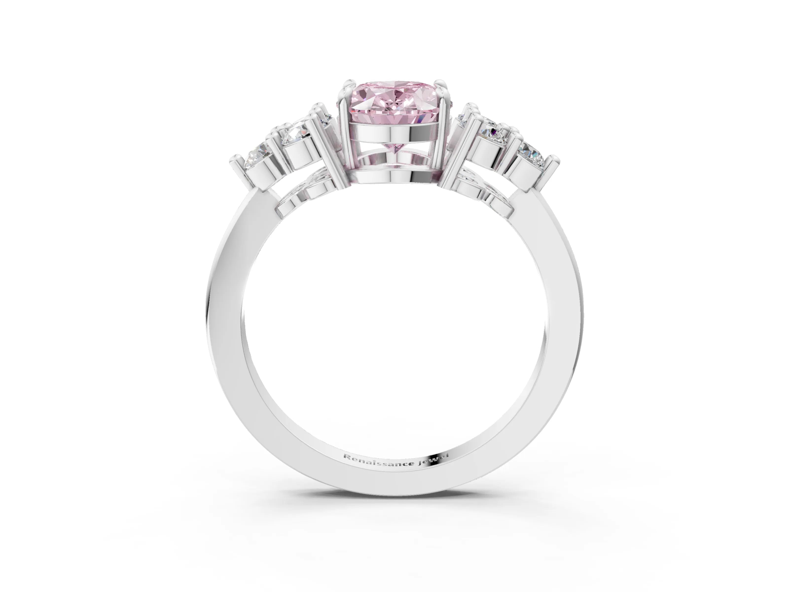 White gold Fancy Pink Oval Cut Brilliant Diamond Cluster Accent Solitaire Ring with Prong Setting_3