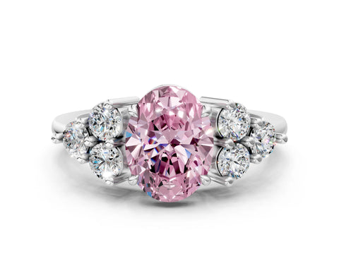 White gold Fancy Pink Oval Cut Brilliant Diamond Cluster Accent Solitaire Ring with Prong Setting