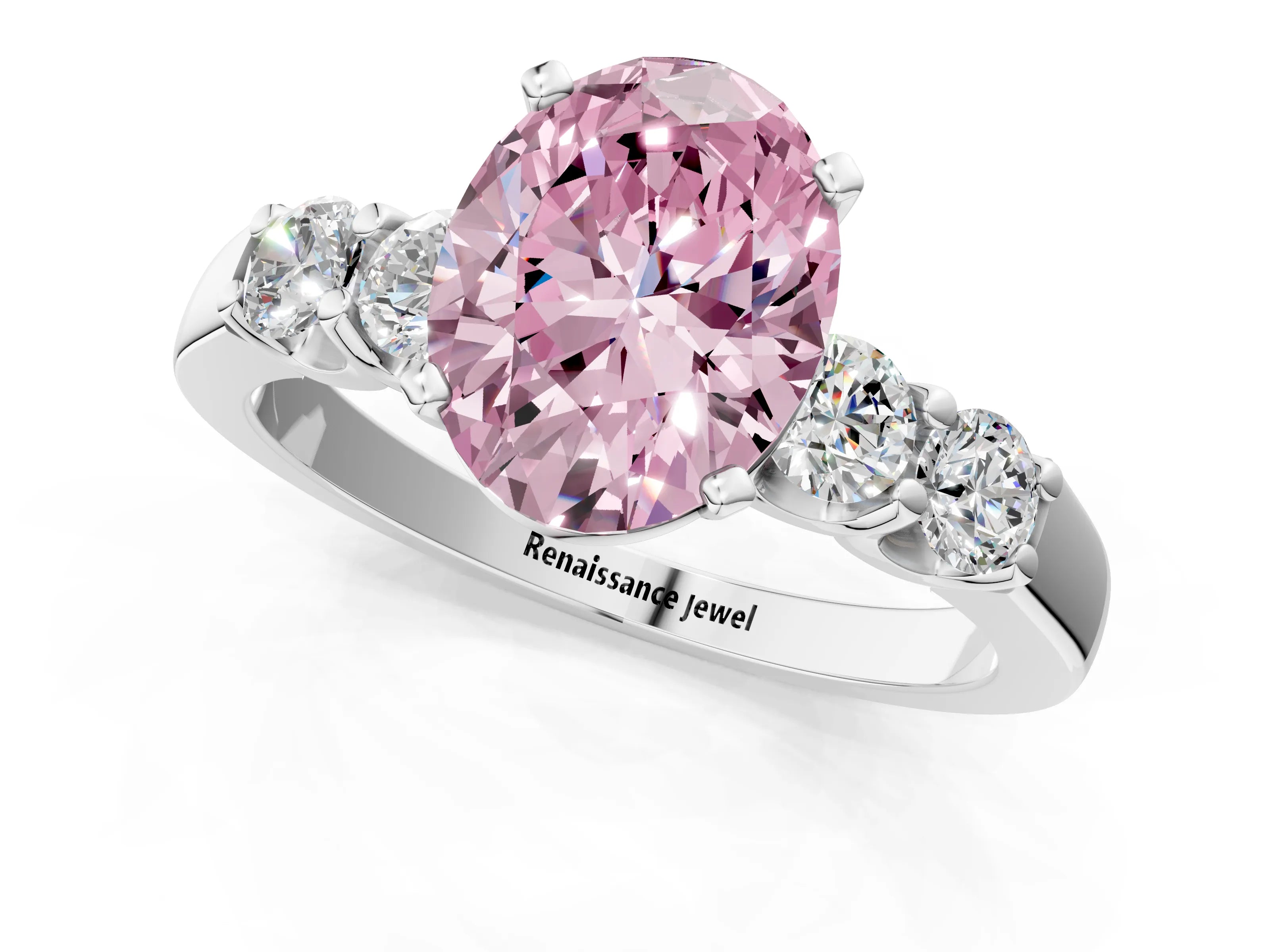 White gold Fancy Pink Oval Cut Brilliant Diamond Five-Stone Engagement Ring with Prong Setting on a Classic Band_4