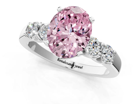 White gold Fancy Pink Oval Cut Brilliant Diamond Five-Stone Engagement Ring with Prong Setting on a Classic Band_4