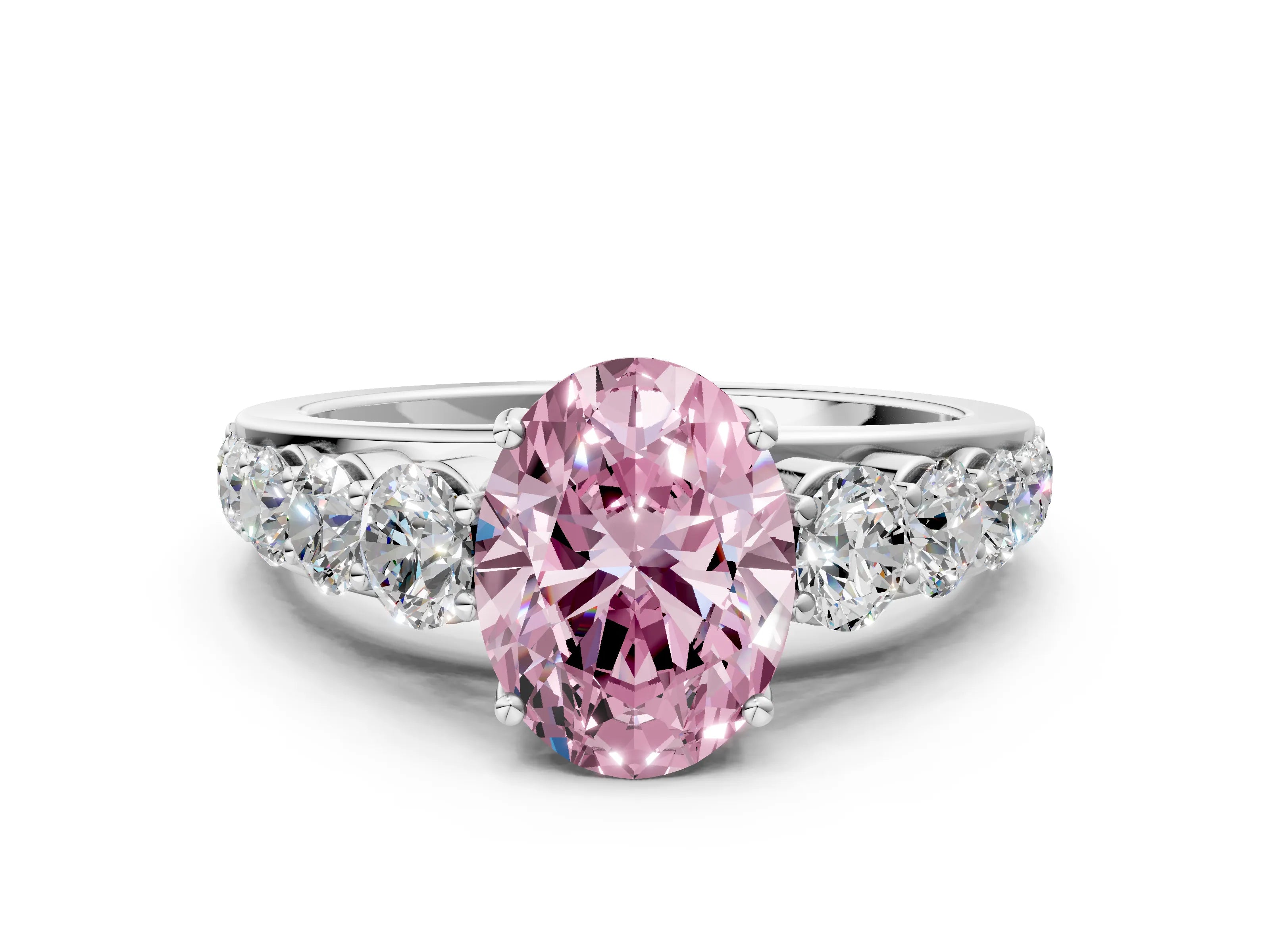 White gold Fancy Pink Oval Cut Brilliant Diamond Pavé Band with Six-Prong Setting