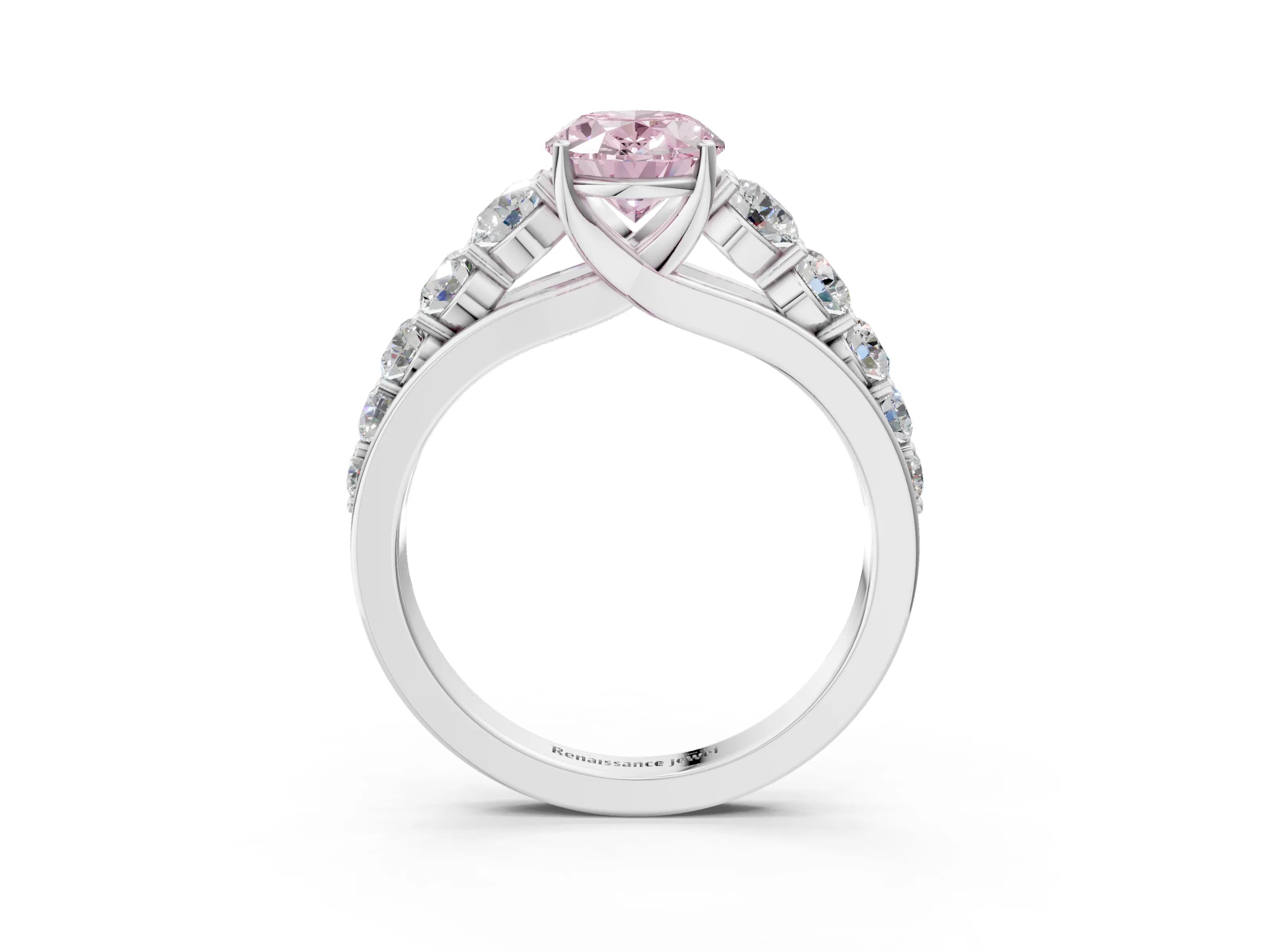 White gold Fancy Pink Oval Cut Brilliant Diamond Pavé Band with Six-Prong Setting_3
