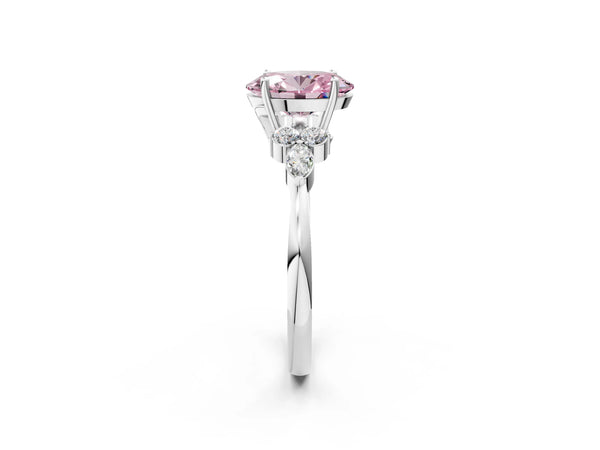 White gold Fancy Pink Oval Cut Brilliant Diamond Solitaire Ring with Pear Side Stones and Four-Prong Setting