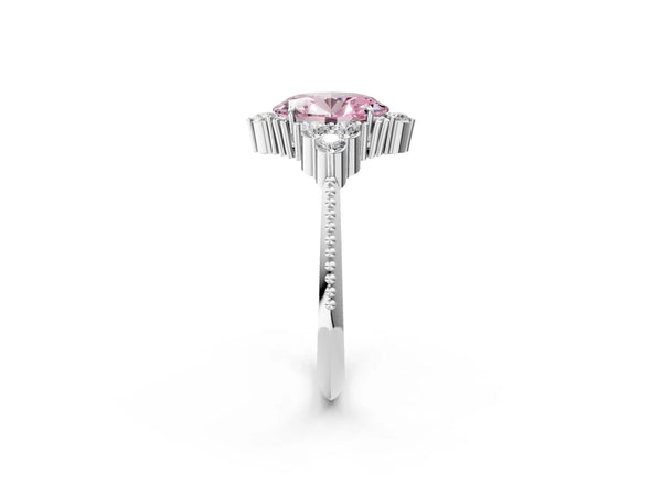 White gold Fancy Pink Oval Cut Brilliant Diamond with Cluster Setting on a Beaded Band and Four-Prong Setting