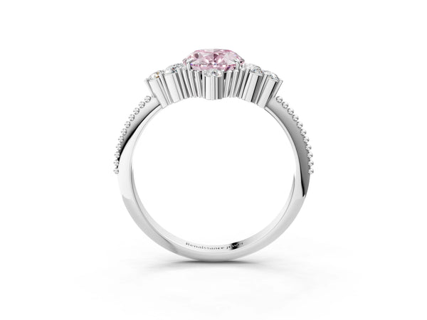White gold Fancy Pink Oval Cut Brilliant Diamond with Cluster Setting on a Beaded Band and Four-Prong Setting