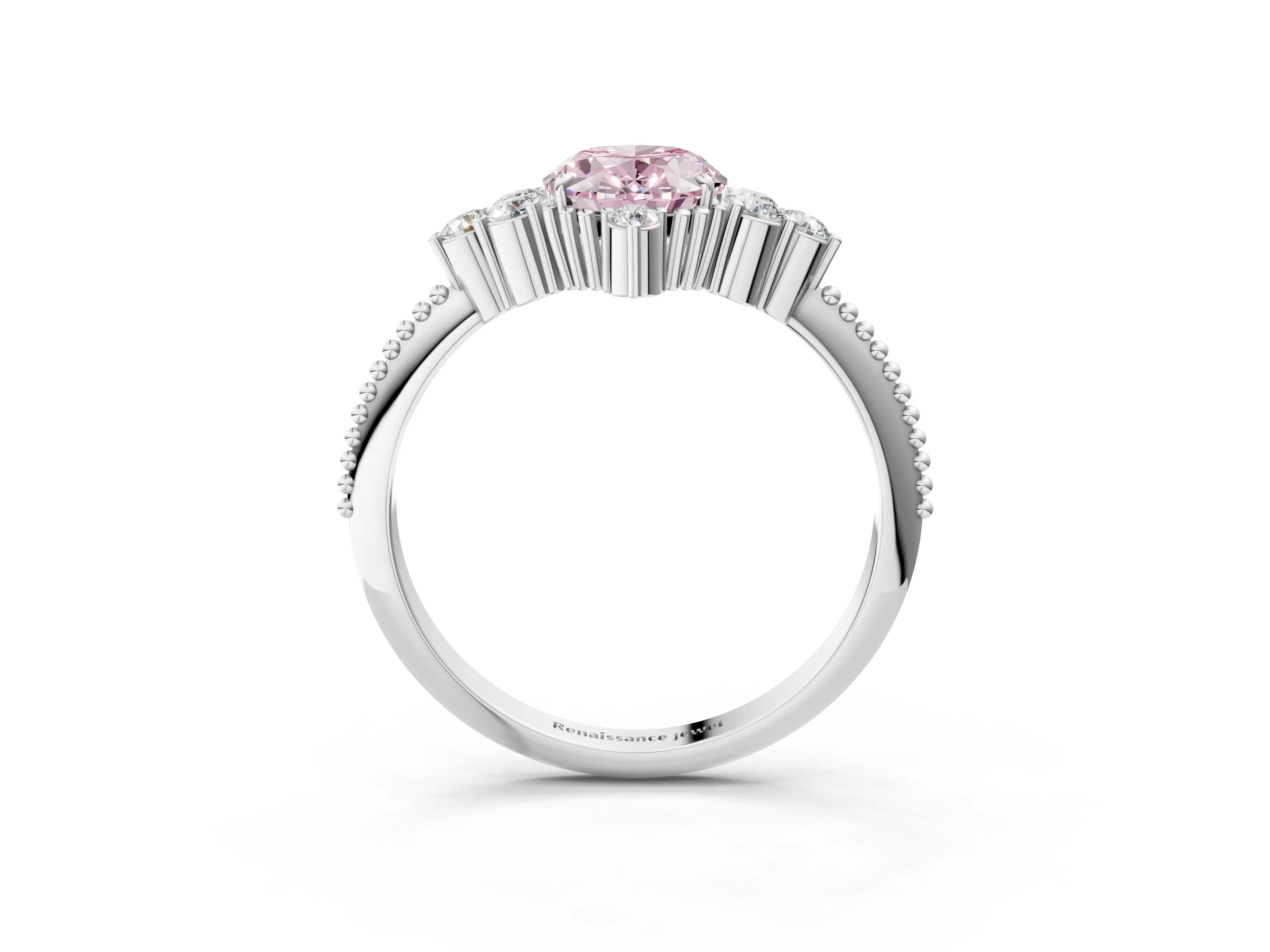 White gold Fancy Pink Oval Cut Brilliant Diamond with Cluster Setting on a Beaded Band and Four-Prong Setting_3