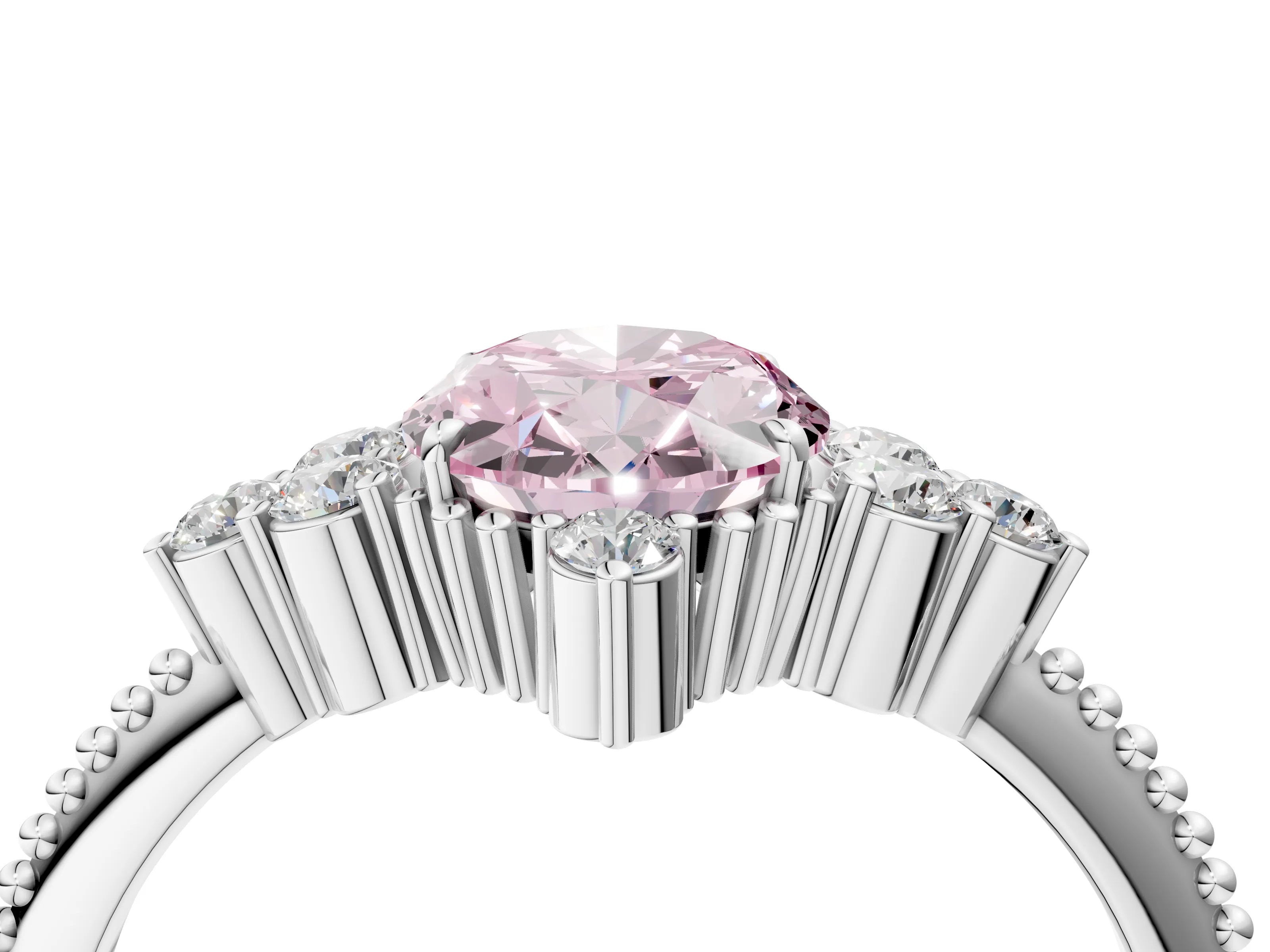 White gold Fancy Pink Oval Cut Brilliant Diamond with Cluster Setting on a Beaded Band and Four-Prong Setting_4