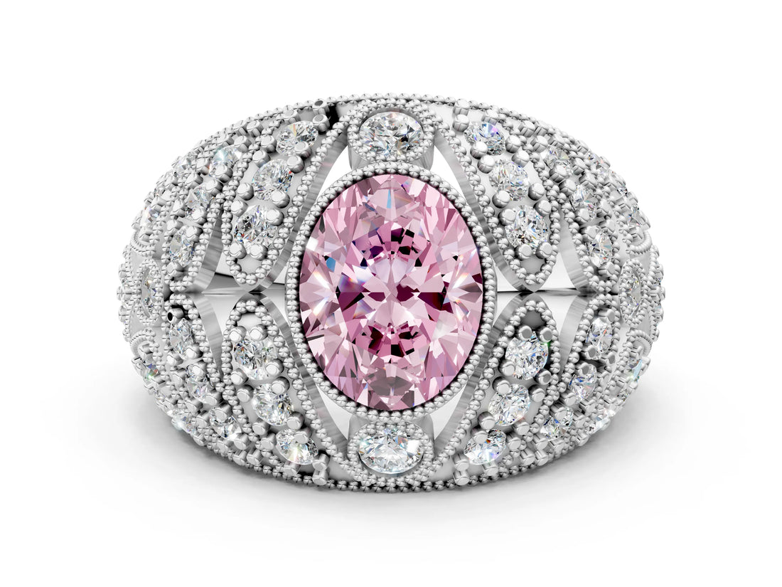 White gold Fancy Pink Oval Cut Brilliant Halo Pave Diamond Milgrain Ring