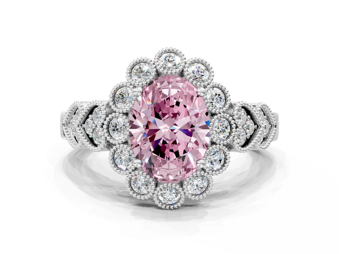White gold Fancy Pink Oval Cut Brilliant Milgrain Pave Heart Band Solitaire Ring_12