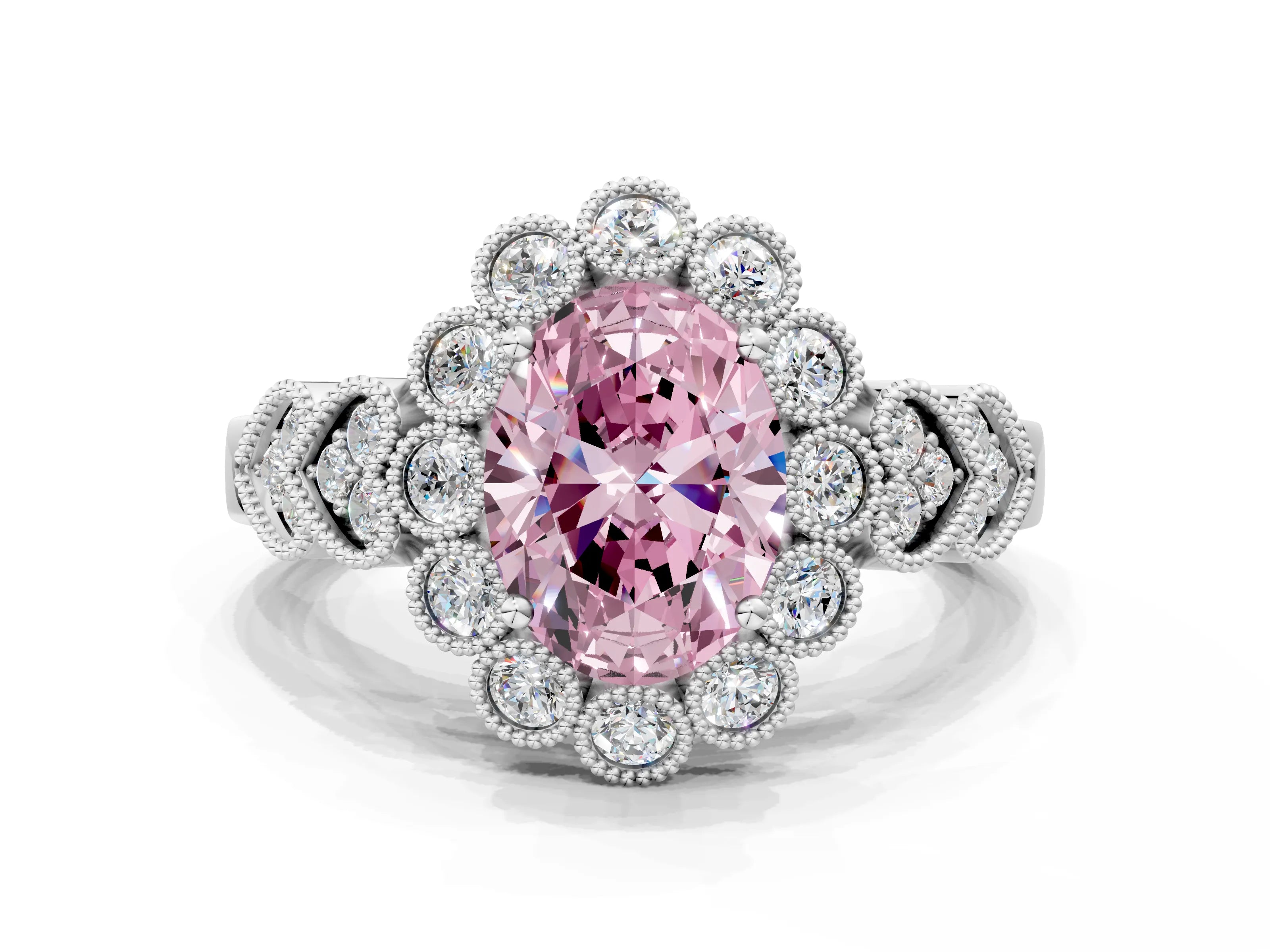 White gold Fancy Pink Oval Cut Brilliant Milgrain Pave Heart Band Solitaire Ring_12