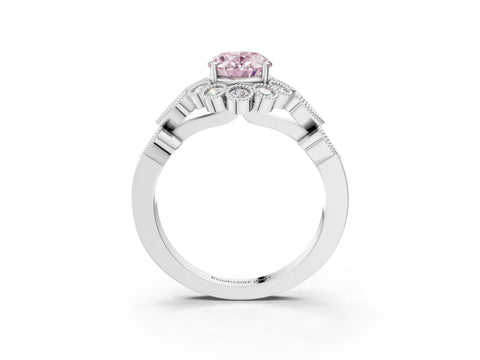 White gold Fancy Pink Oval Cut Brilliant Milgrain Pave Heart Band Solitaire Ring_15