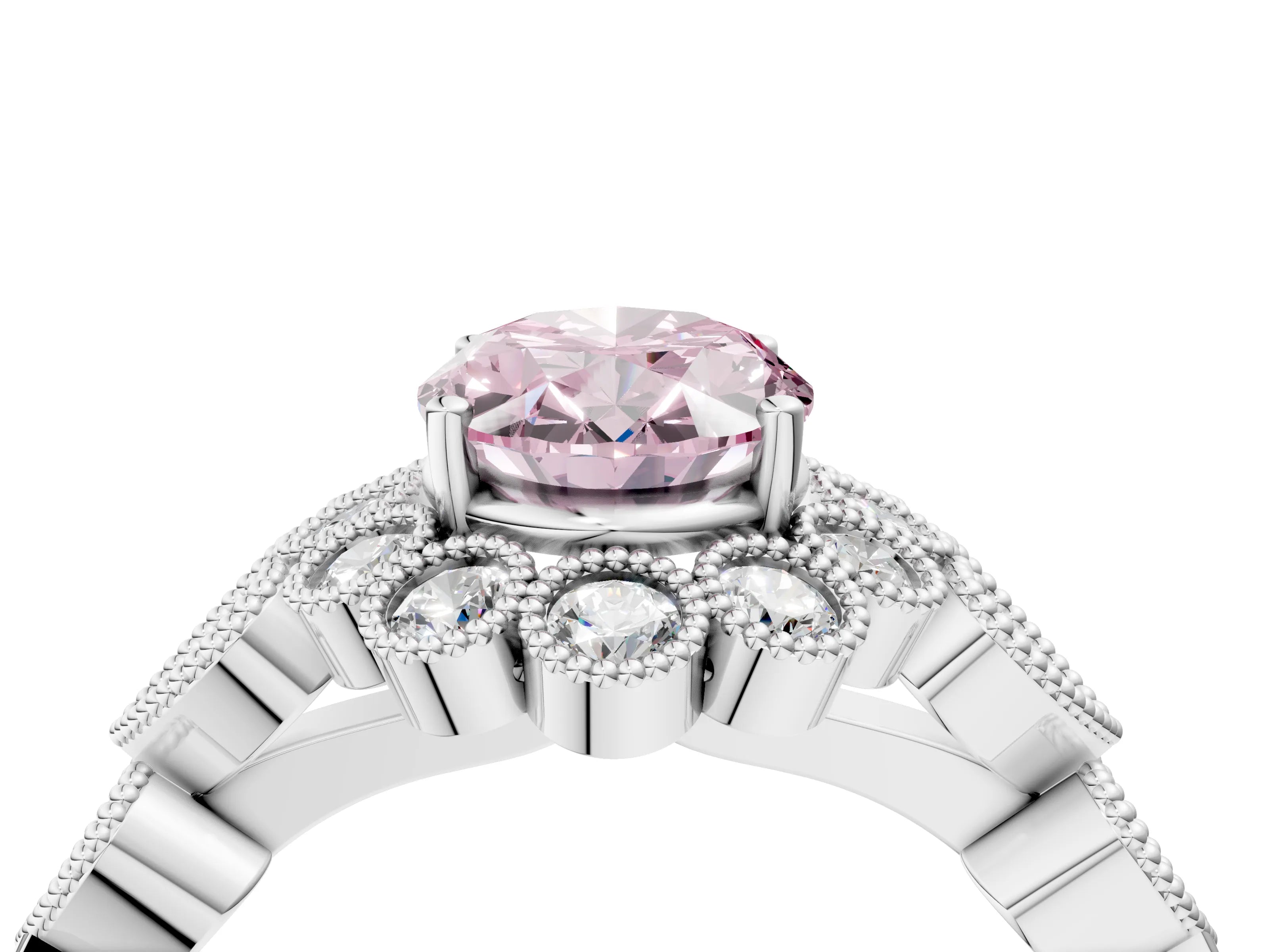 White gold Fancy Pink Oval Cut Brilliant Milgrain Pave Heart Band Solitaire Ring_16