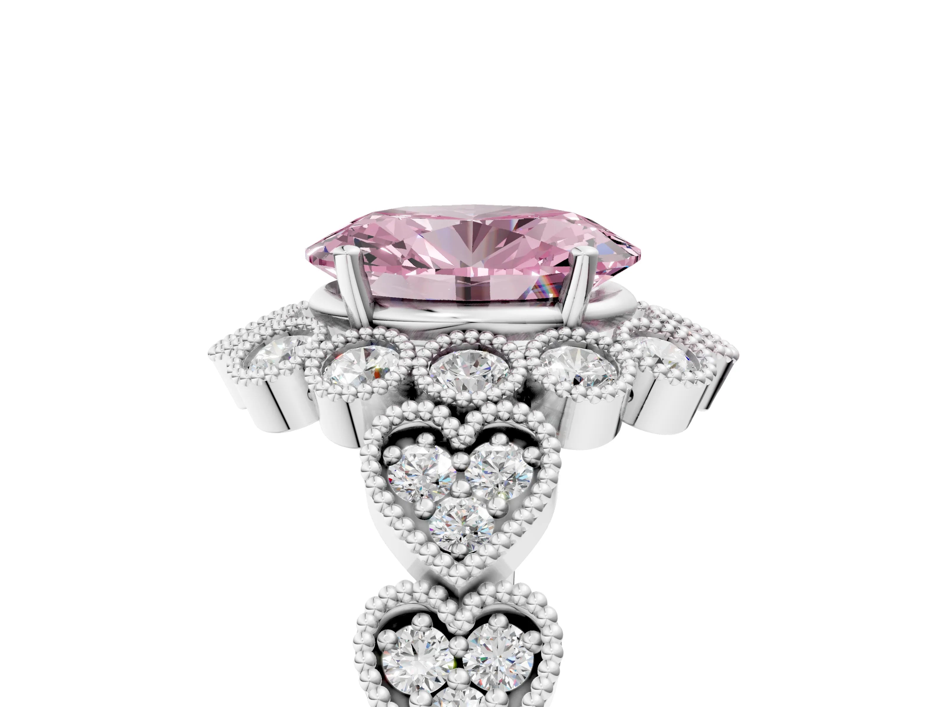 White gold Fancy Pink Oval Cut Brilliant Milgrain Pave Heart Band Solitaire Ring_17