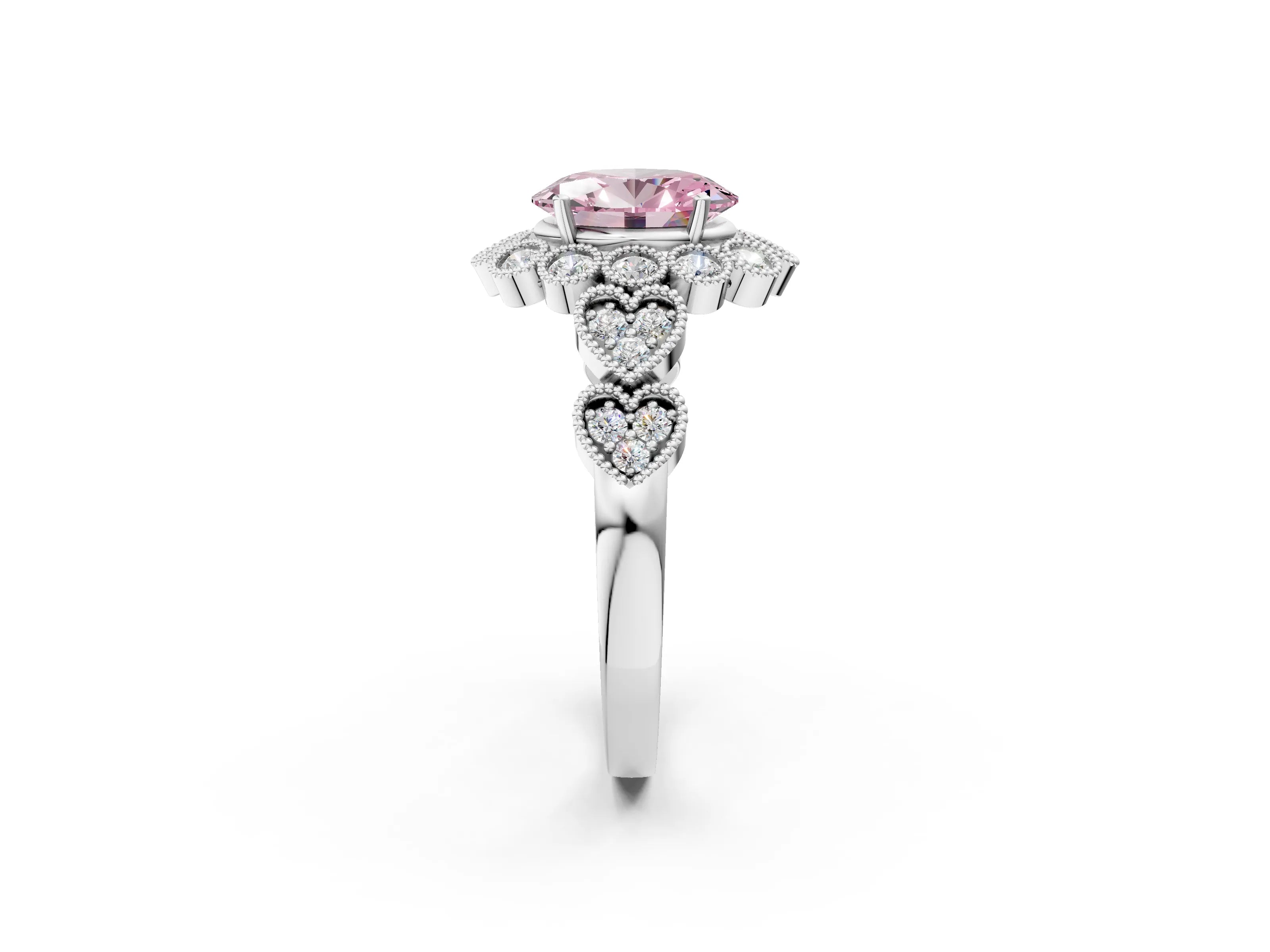 White gold Fancy Pink Oval Cut Brilliant Milgrain Pave Heart Band Solitaire Ring_2