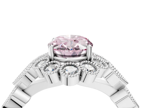 White gold Fancy Pink Oval Cut Brilliant Milgrain Pave Heart Band Solitaire Ring_4