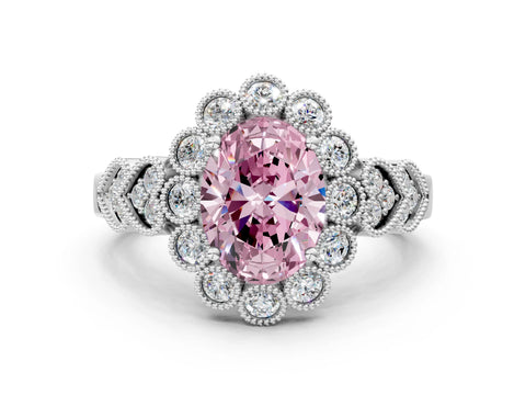 White gold Fancy Pink Oval Cut Brilliant Milgrain Pave Heart Band Solitaire Ring