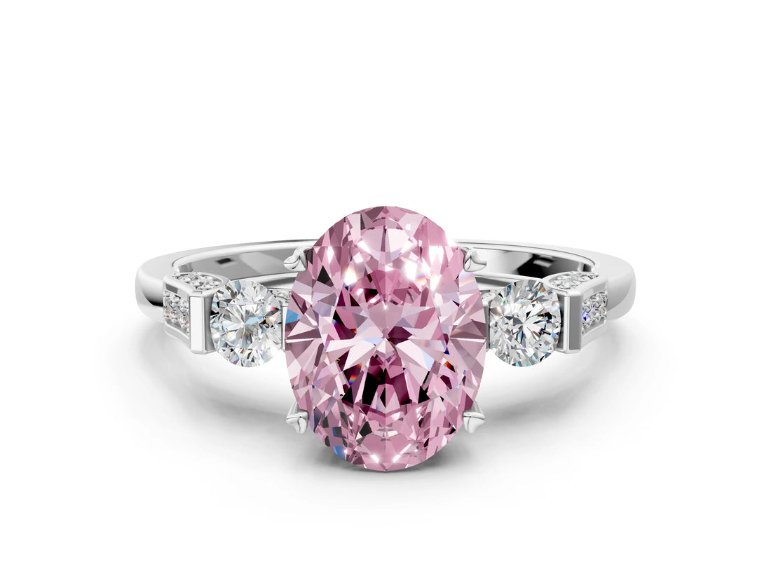 White gold Fancy Pink Oval Cut Brilliant Three-Stone Pave Band with Four-Prong Setting