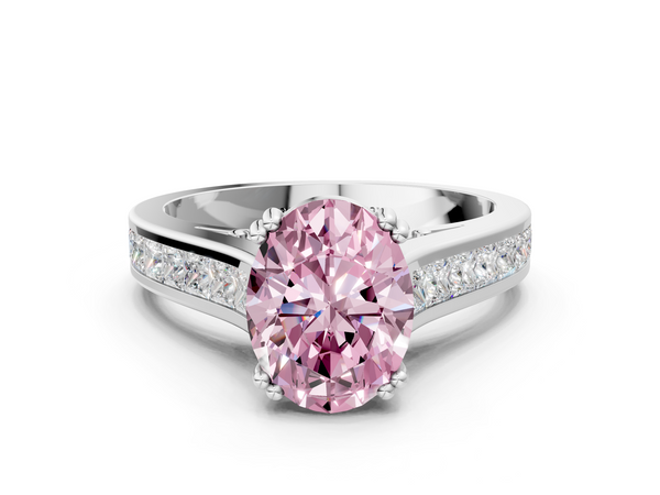 Platinum Oval Channel Set Solitaire Engagement Ring Setting for Fancy Pink Center with Double Claw Prongs