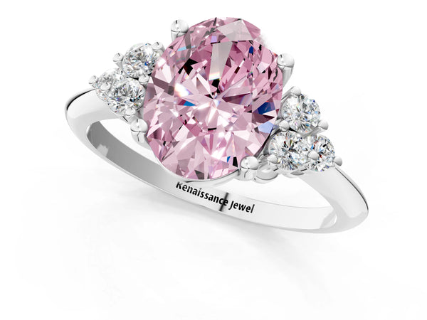 Platinum Fancy Pink Oval Cut Cut Diamond Cluster Ring with Solitaire Band and Four-Prong Setting