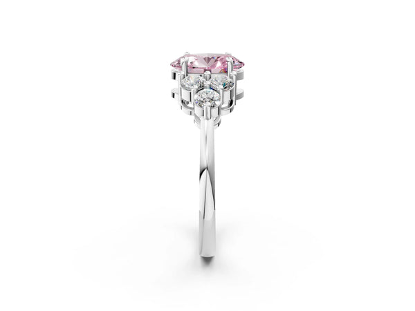 Platinum Fancy Pink Oval Cut Cut Diamond Cluster Ring with Solitaire Band and Four-Prong Setting