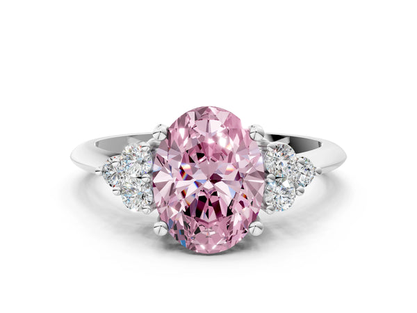Platinum Fancy Pink Oval Cut Cut Diamond Cluster Ring with Solitaire Band and Four-Prong Setting
