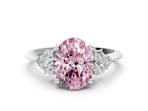 Platinum Fancy Pink Oval Cut Cut Diamond Cluster Ring with Solitaire Band and Four-Prong Setting