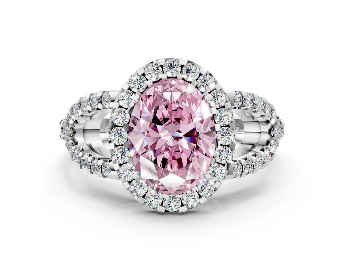 White gold Fancy Pink Oval Cut Cut Diamond Halo Engagement Ring with Open Split Pavé Band