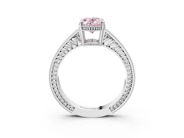 White gold Fancy Pink Oval Cut Cut Diamond Milgrain Pave Band Four-Prong Setting Ring