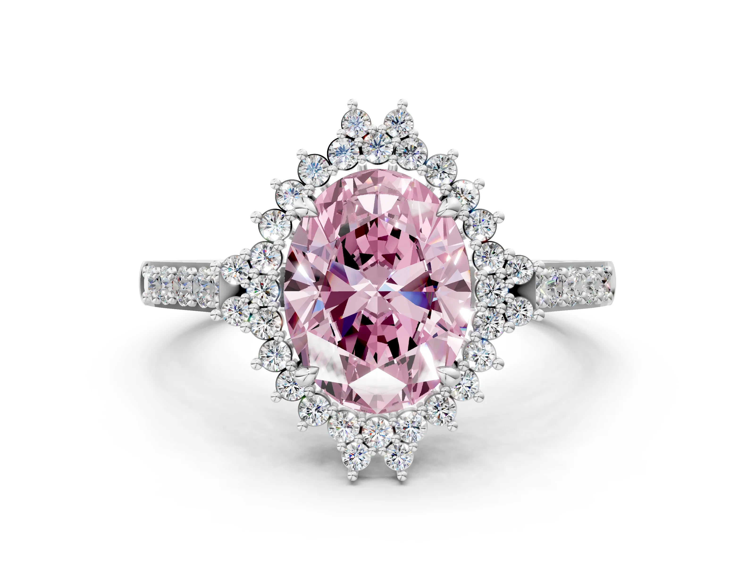 White gold Fancy Pink Oval Cut Cut Diamond Sunburst Halo Engagement Ring with Pavé Band_12