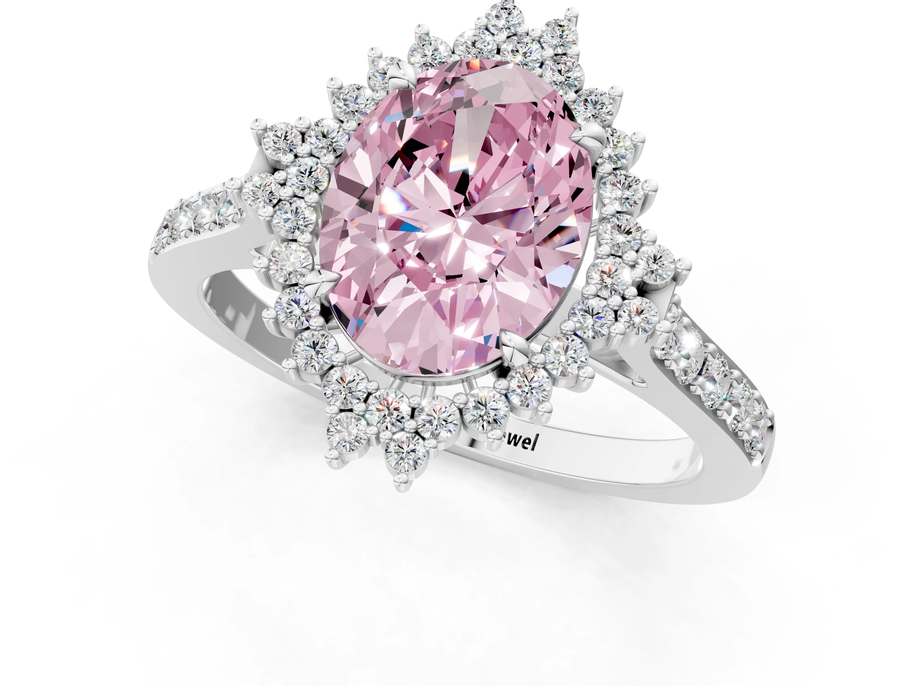 White gold Fancy Pink Oval Cut Cut Diamond Sunburst Halo Engagement Ring with Pavé Band_13