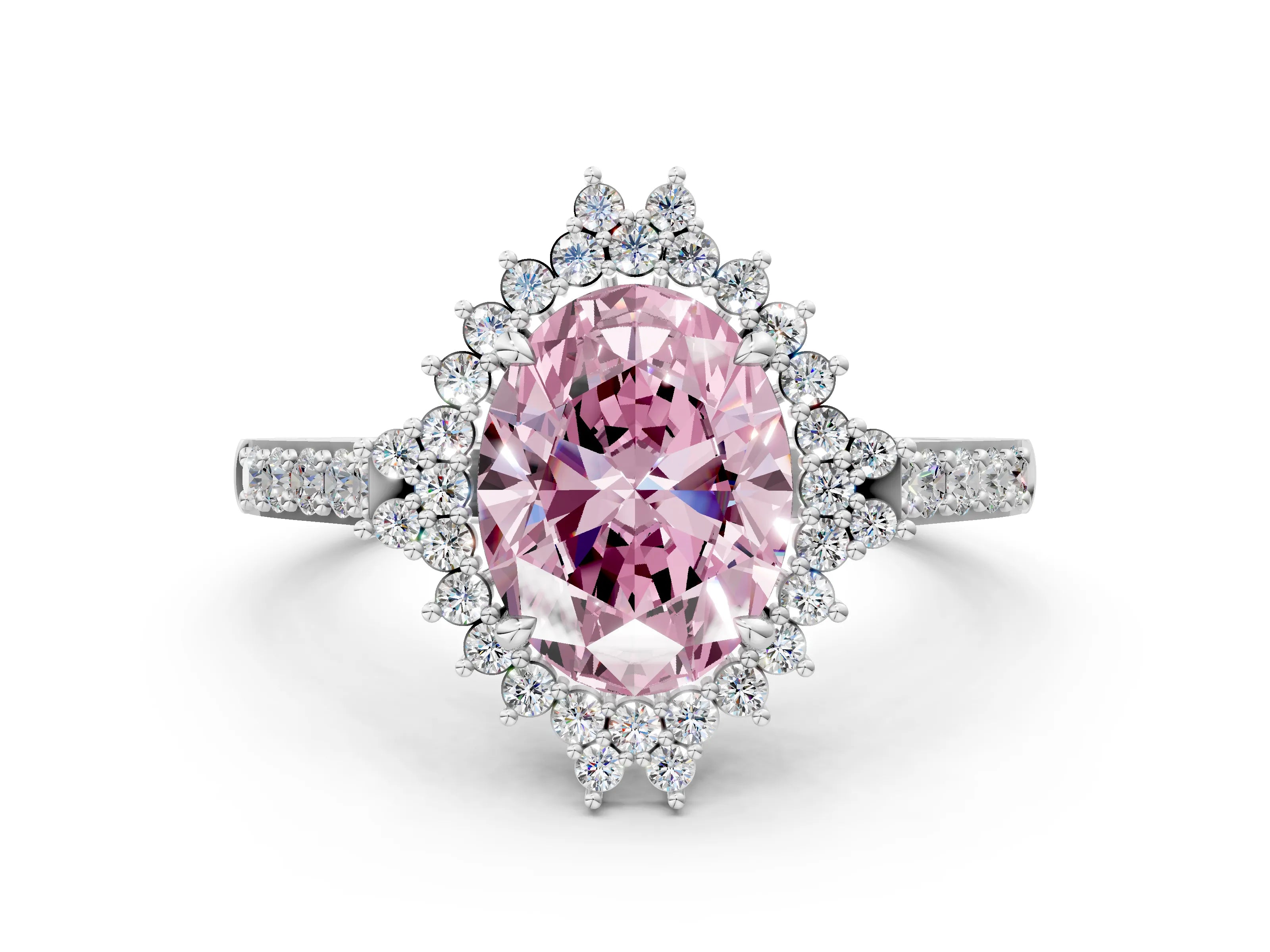 White gold Fancy Pink Oval Cut Cut Diamond Sunburst Halo Engagement Ring with Pavé Band_18