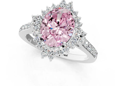 White gold Fancy Pink Oval Cut Cut Diamond Sunburst Halo Engagement Ring with Pavé Band_19