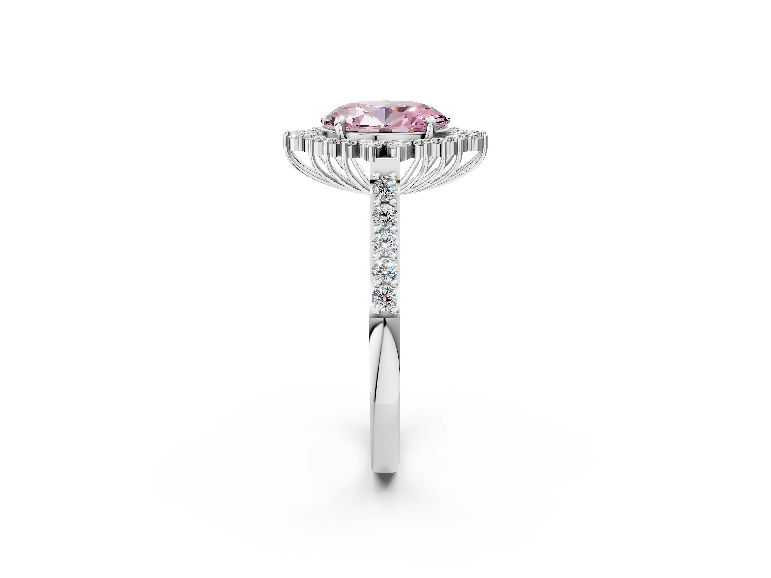 White gold Fancy Pink Oval Cut Cut Diamond Sunburst Halo Engagement Ring with Pavé Band_26