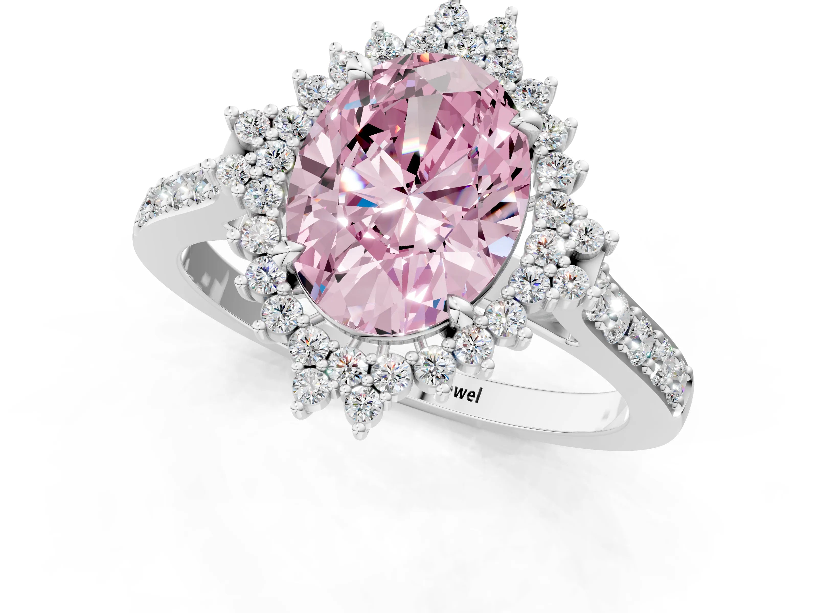 White gold Fancy Pink Oval Cut Cut Diamond Sunburst Halo Engagement Ring with Pavé Band_31