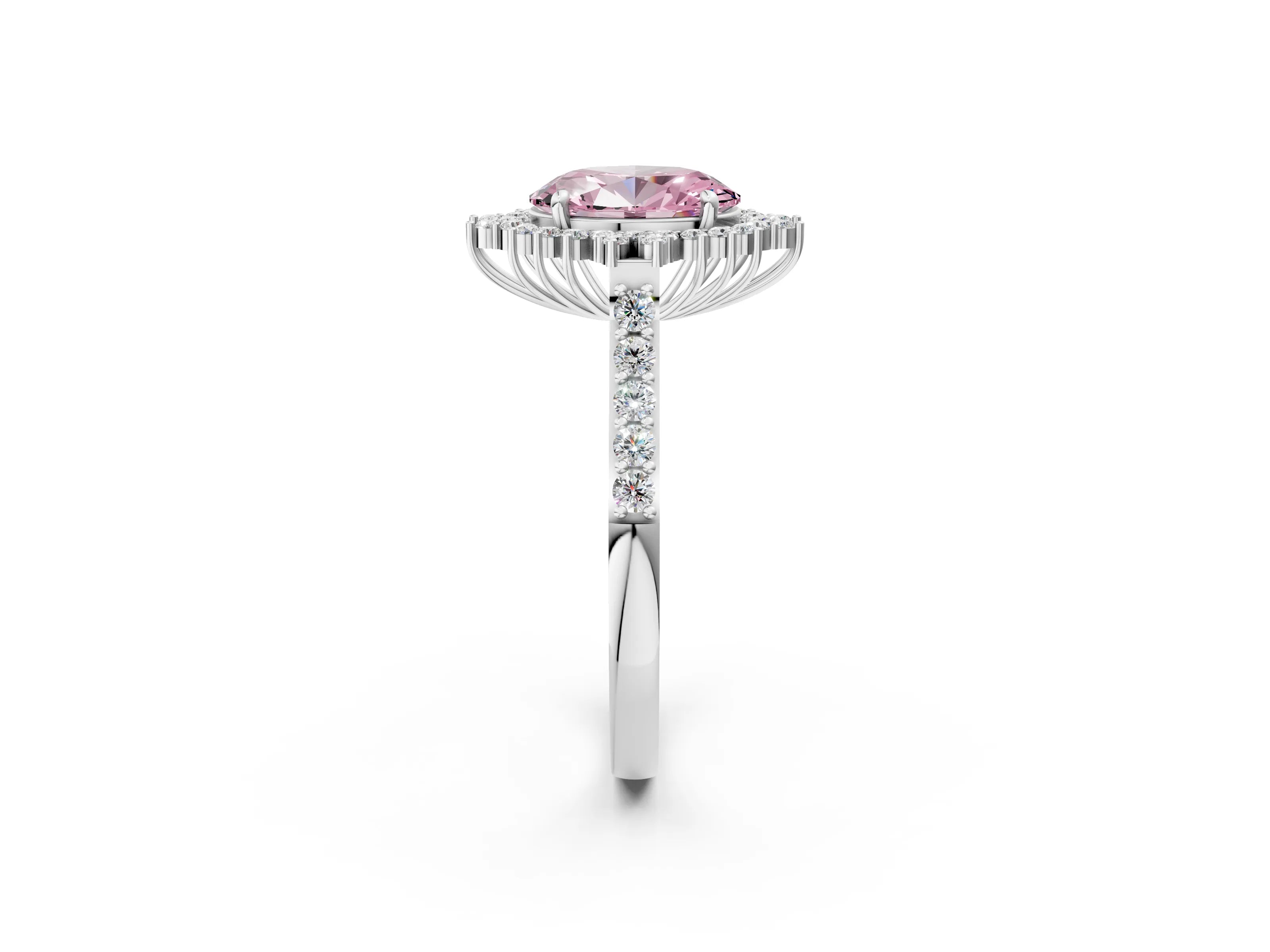 White gold Fancy Pink Oval Cut Cut Diamond Sunburst Halo Engagement Ring with Pavé Band_32