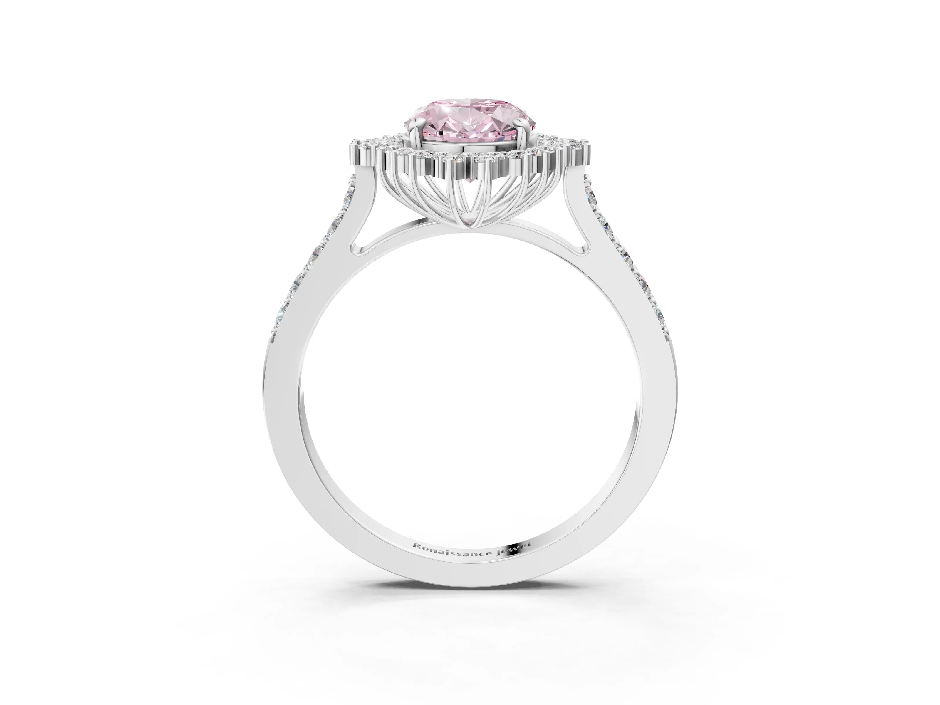 White gold Fancy Pink Oval Cut Cut Diamond Sunburst Halo Engagement Ring with Pavé Band_33