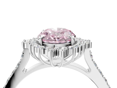 White gold Fancy Pink Oval Cut Cut Diamond Sunburst Halo Engagement Ring with Pavé Band_34