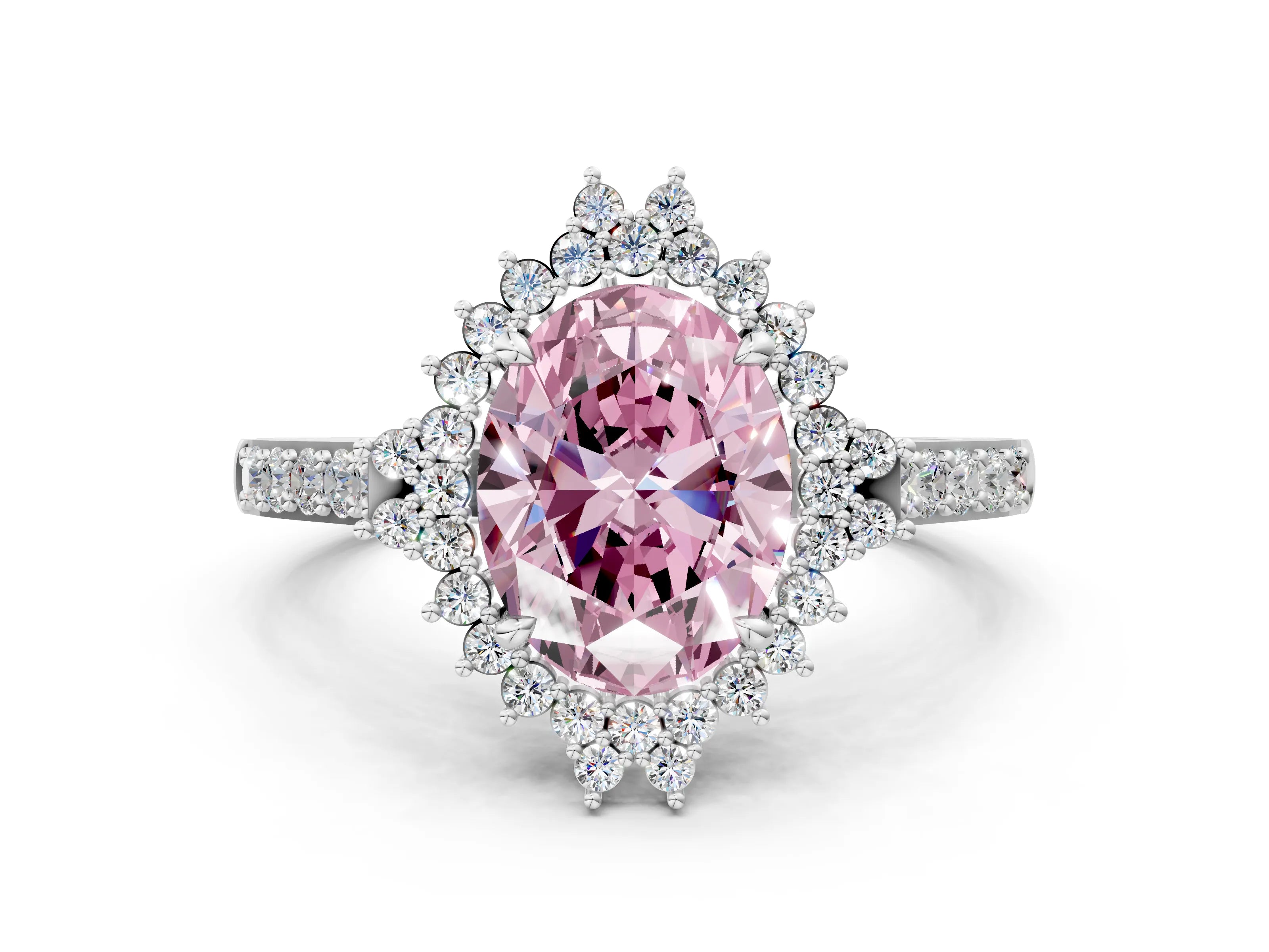 White gold Fancy Pink Oval Cut Cut Diamond Sunburst Halo Engagement Ring with Pavé Band_36