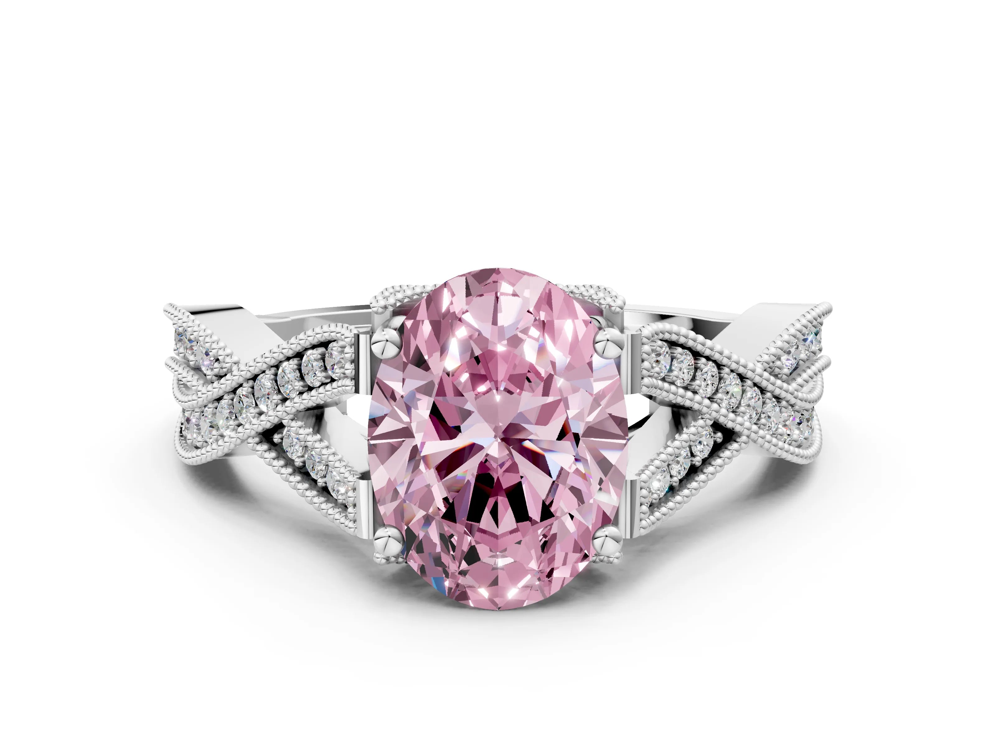White gold Fancy Pink Oval Cut Cut Diamond Twisted Band with Milgrain Pave Setting and Four-Prong Setting_24